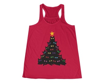 Christmas tree cat tank top, Christmas tank for Cat lovers, Black Cat Tree,  Women's Flowy Racerback Tank