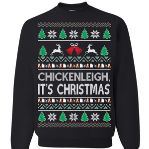 May include: Black Christmas jumper with a green and white snowflake pattern, a red and green Christmas tree pattern, and the text "Chickenleigh, It's Christmas".