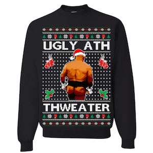 May include: Black Christmas jumper with a red and white Santa hat, a man in boxing gloves, and the text "UGLY ATH THWEATER".