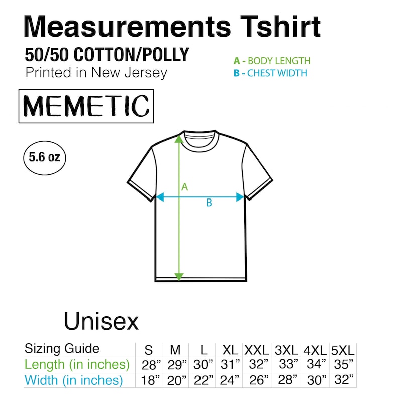 Pode incluir: Tabela de tamanhos para camiseta unissex com medidas em polegadas para os tamanhos S a 5XL. A tabela mostra o comprimento do corpo e a largura do peito para cada tamanho. A camiseta &eacute; feita de 50% algod&atilde;o e 50% poli&eacute;ster e &eacute; impressa em Nova Jersey.