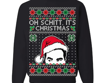 May include: Black Christmas sweater with a red and white Santa hat on top of a man's face. The sweater has a white background with a green and red pattern and the text "Oh Schitt, It's Christmas".