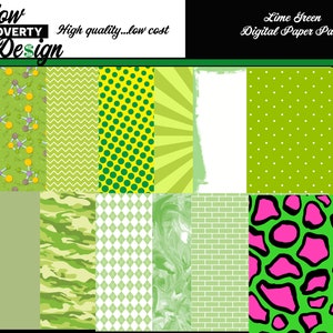 Lime Green Digital Scrapbook Album Paper Pack- 14 lime green digital paper patterns