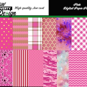 Hot Pink Digital Scrapbooking Paper Pack- 14 light pink digital collage paper patterns