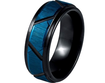 Blauer Wolfram-Ehering, Diamantschliff-Design, Schwarzer Wolfram-Ehering, Komfort-Ring, Jahrestagsring, Herren-Wolframring, Einzigartig