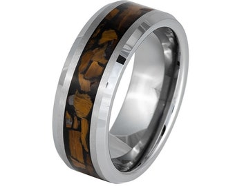 May include: A silver tungsten carbide ring with a brown wood inlay. The ring has a beveled edge and a polished finish.