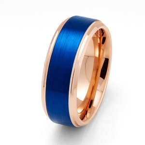 Blue Tungsten Wedding Ring,Rose Gold Tungsten Ring,18k Rose Gold,Tungsten Carbide Ring,Anniversary Ring,8mm Wedding Ring,Unique Tungsten