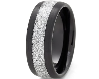 Meteorite Inlay Tungsten Wedding Band - Black IP Plated 8mm Ring