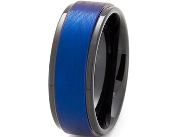 Blue Tungsten Ring: Black Plated Wedding Band, Comfort Fit