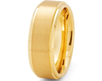 Yellow Gold Inlay Tungsten Wedding Ring: Brush Finish, Beveled Edge