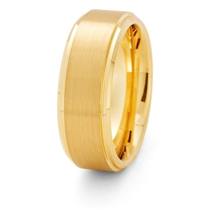 Yellow Gold Inlay Tungsten Wedding Ring: Brush Finish, Beveled Edge