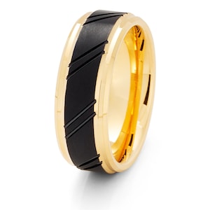 Brushed Black Tungsten Ring: Yellow Gold Groove, 8mm Comfort Fit