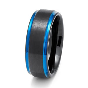 8mm Black Tungsten Wedding Ring: Blue Stepped Edges, Comfort Fit