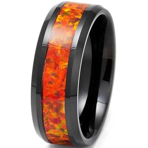 Orange Tungsten Wedding Band Orange Tungsten Ring Black Etsy