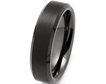 May include: A black tungsten carbide ring with a brushed finish and beveled edges.