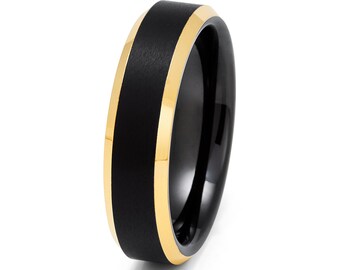 ブラックタングステン結婚指輪：ゴールドハニカム、ベベルエッジ、8mm 