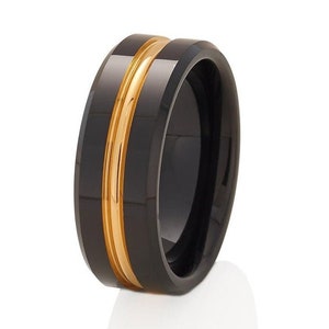 Yellow Gold Tungsten Wedding Ring,Black Tungsten Ring,Anniversary Ring,Black Wedding Ring,Tungsten Carbide Ring,8mm Wedding Ring,Engagemnet