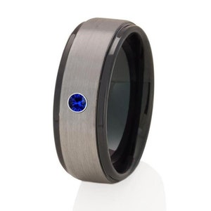 Gray Tungsten Wedding Ring: Black IP, Blue Sapphire Accent