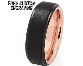 Black Tungsten Wedding Ring,Rose Gold Tungsten Ring,Rose Gold Wedding Band,Anniversary Ring,Men & Women,Tungsten Carbide Ring,Brush Ring