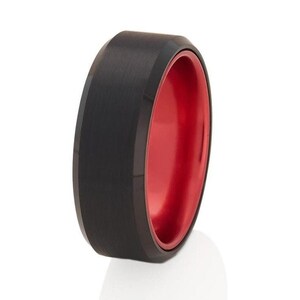Black Tungsten Wedding Band: Red Aluminum Inlay, Comfort Fit (8mm)