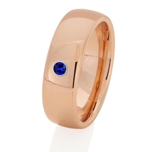 Rose Gold Tungsten Ring: Blue Sapphire Wedding Band