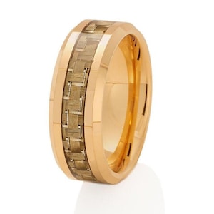 Yellow Gold Tungsten Ring: Carbon Fiber Inlay, 8mm Wedding Band