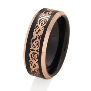 Rose Gold Tungsten Wedding Ring,Black Tungsten Ring,Dragon Design Ring,8mm Black Tungsten Ring,Anniversary Ring,Tungsten Carbide Ring