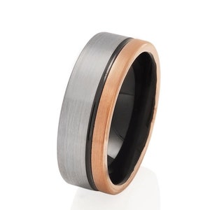 Black Tungsten Wedding Ring: Rose Gold Inlay, Comfort Fit Band