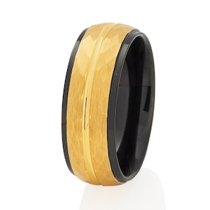 Hammered Black & Yellow Gold Tungsten Wedding Band - 8mm