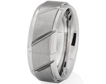 May include: A silver-toned wedding band with a brushed finish and a grooved design.
