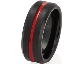 May include: A black tungsten carbide ring with a red stripe around the band.