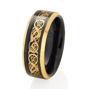 Yellow Gold Tungsten Wedding Ring,Black Tungsten Ring,Dragon Design Ring,8mm Black Tungsten Ring,Anniversary Ring,Tungsten Carbide Ring