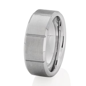 Silver Beveled Tungsten Ring: 8mm Comfort Fit Wedding Band