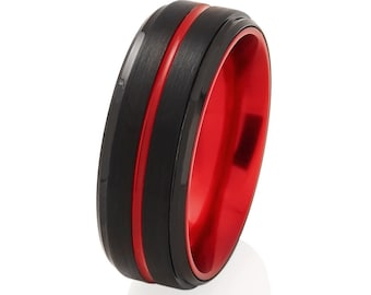 May include: A black tungsten carbide ring with a red inner band and a brushed finish.