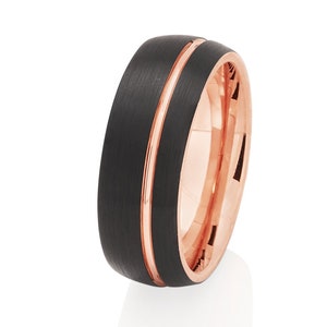 Black Tungsten Wedding Band: Rose Gold Groove, Comfort Fit