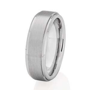 Silver Tungsten Wedding Ring: Brushed Beveled Band