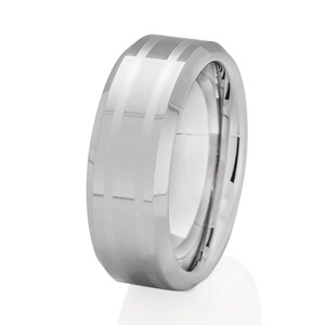 Silver Tungsten Wedding Ring: 8mm Beveled Comfort Fit