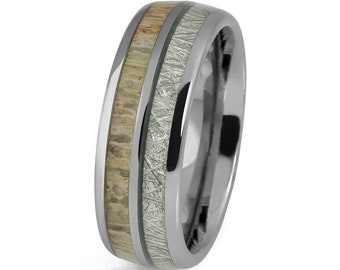 Anello nuziale in tungsteno con corna di cervo in meteorite - Vestibilità comoda