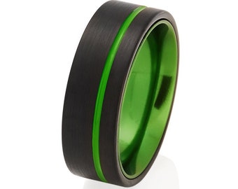 Black Tungsten Carbide Ring: Green Groove Wedding Band
