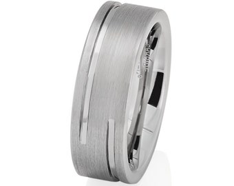 May include: A silver wedding band with a brushed finish and a single, thin, polished groove running along the top. The band is approximately 8mm wide.