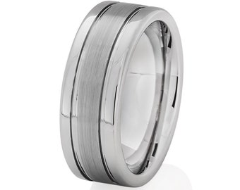 Silver Tungsten Wedding Ring, 8mm Comfort Fit Band, Men's Wedding Band, Women's Wedding Ring, Anniversary Ring, Brush Center, Groove Ring