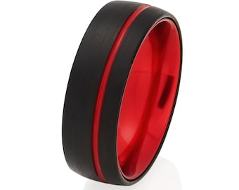 May include: A black tungsten carbide ring with a red inner band and a brushed finish.