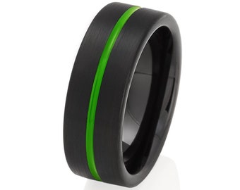 Black Tungsten Wedding Ring: Green Groove Inlay, Comfort Fit