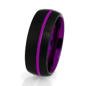 Purple Tungsten Wedding Ring: Black Band, Comfort Fit