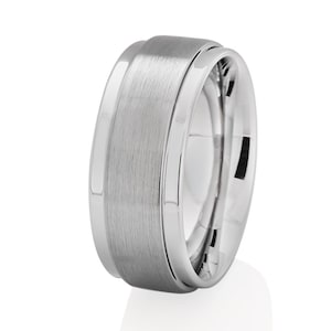 Silver Tungsten Wedding Ring: Brushed Center, Stepped Edges