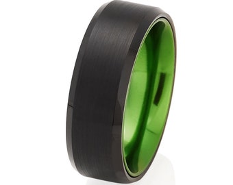 Green Aluminum Inlay Black Tungsten Wedding Ring - Beveled 8mm