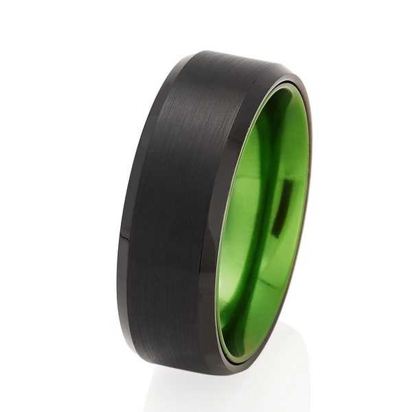 Groene wolfraam trouwring wolfraam trouwring groene wolfraam ring zwart wolfraam ring verjaardag ring 8mm wolfraam ring afgeschuind zwart