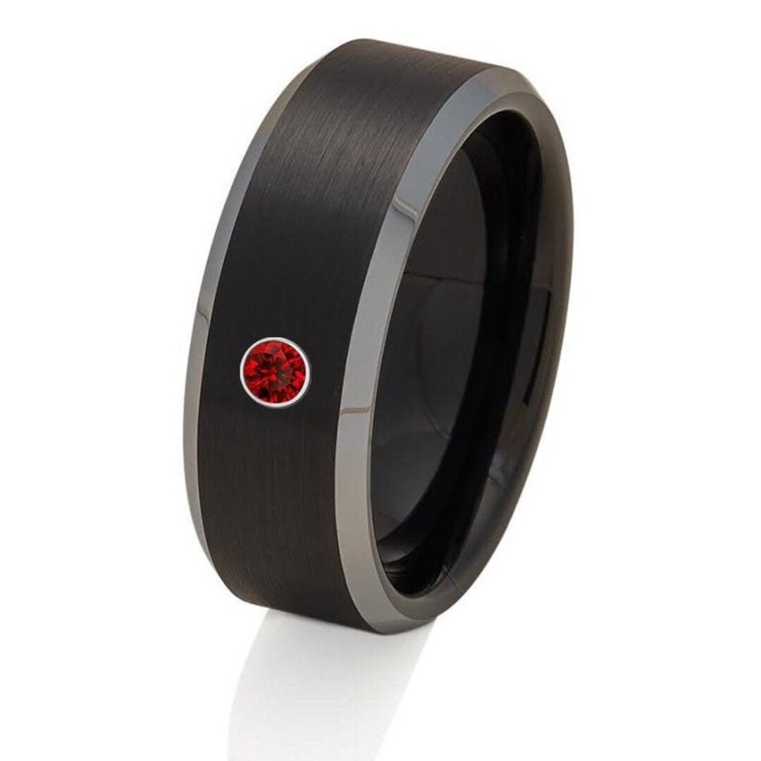 Ruby Inlaid Wring Black Tungsten Wedding Ring: Ruby Inlay, Silver Edges, Brush Finish - Etsy