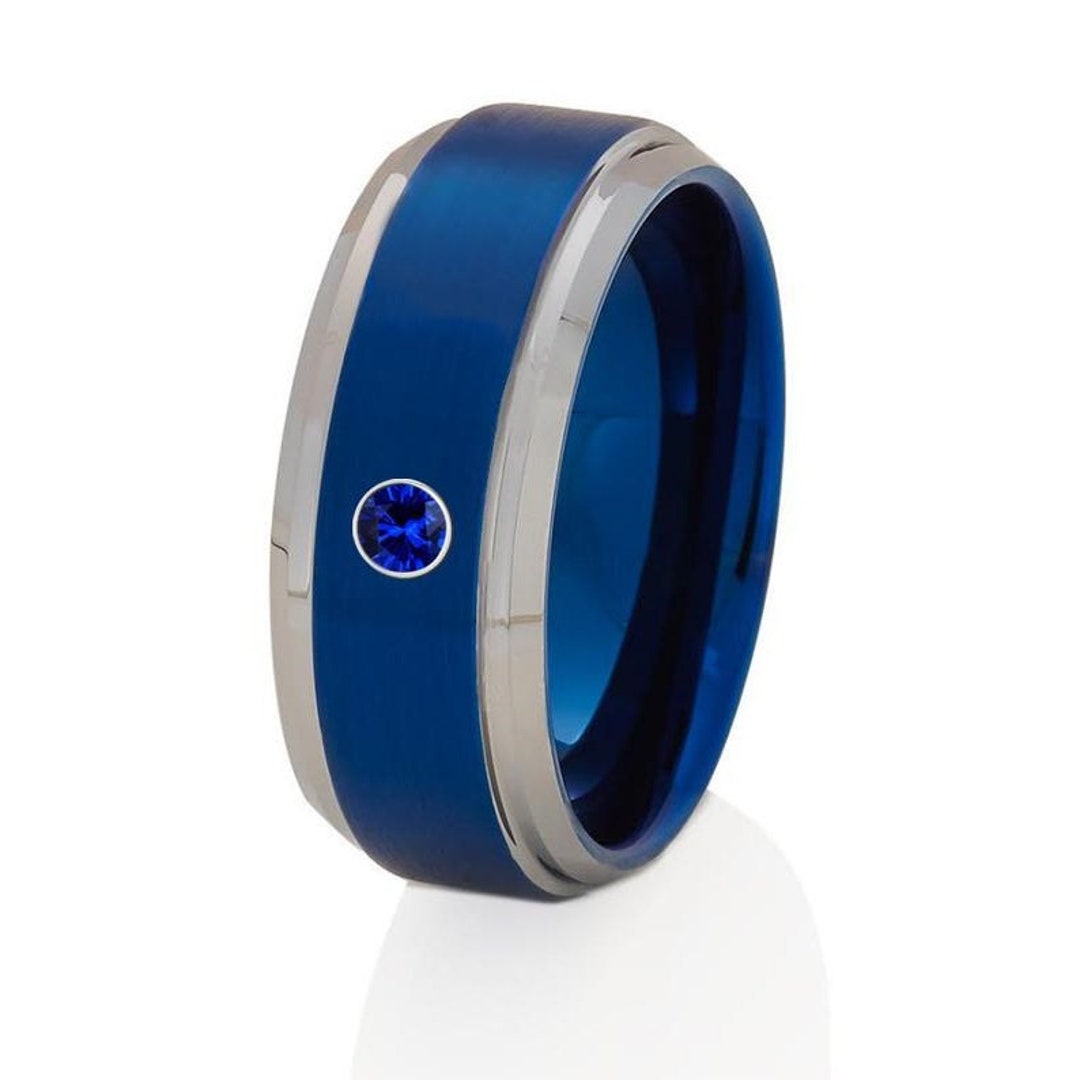 Blue Wedding Band,blue Tungsten Blue Sapphire Ring,tungsten Wedding