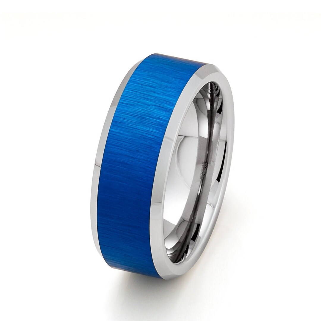 Unique Blue Tungsten Wedding Ring, 8mm Tungsten Ring, Blue Tungsten