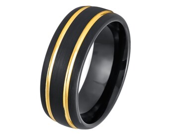 Black Tungsten Wedding Ring: Yellow Gold Groove, Comfort Fit Band